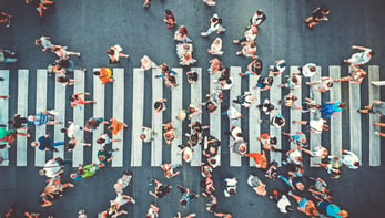 An aerial view of a busy crosswalk.